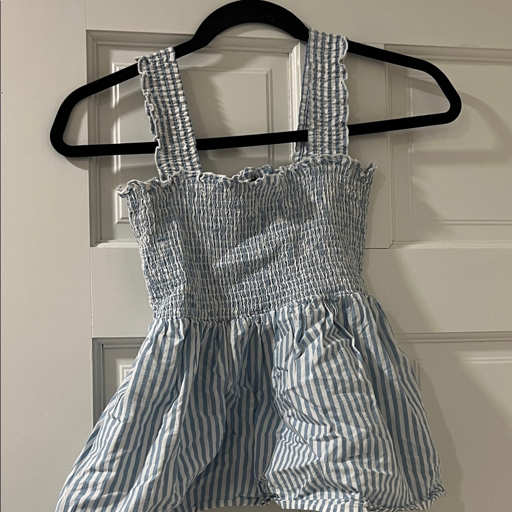 Aqua Blue and White Striped Smocked Tank Top